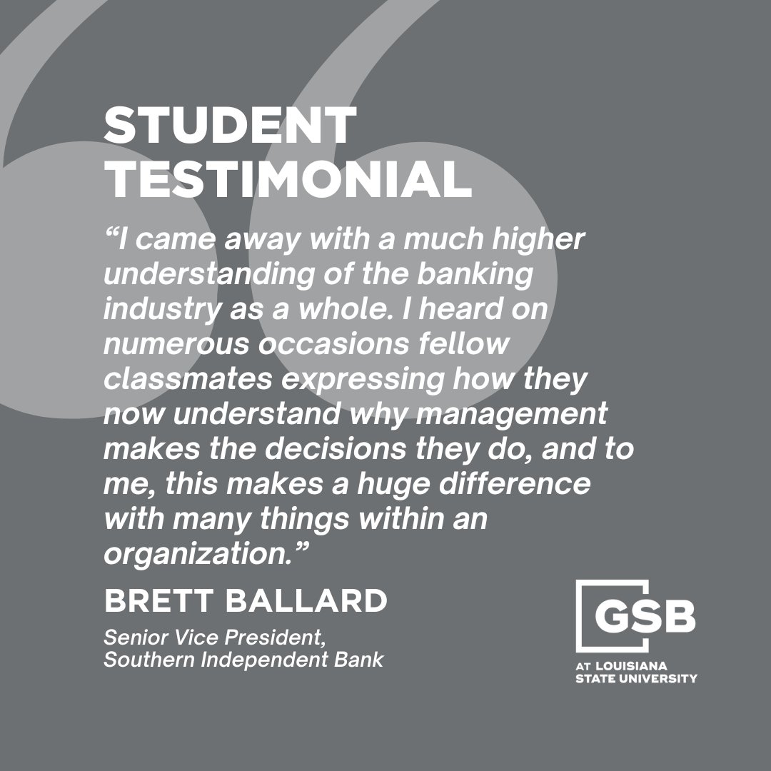 Our graduates leave with a heightened comprehension of the many management decisions involved in the banking world. 🏦  Apply today and experience GSB's unparalleled instruction for yourself! hubs.ly/Q02lR1640
#gsblsu #banking #bankingeducation #continuingeducation