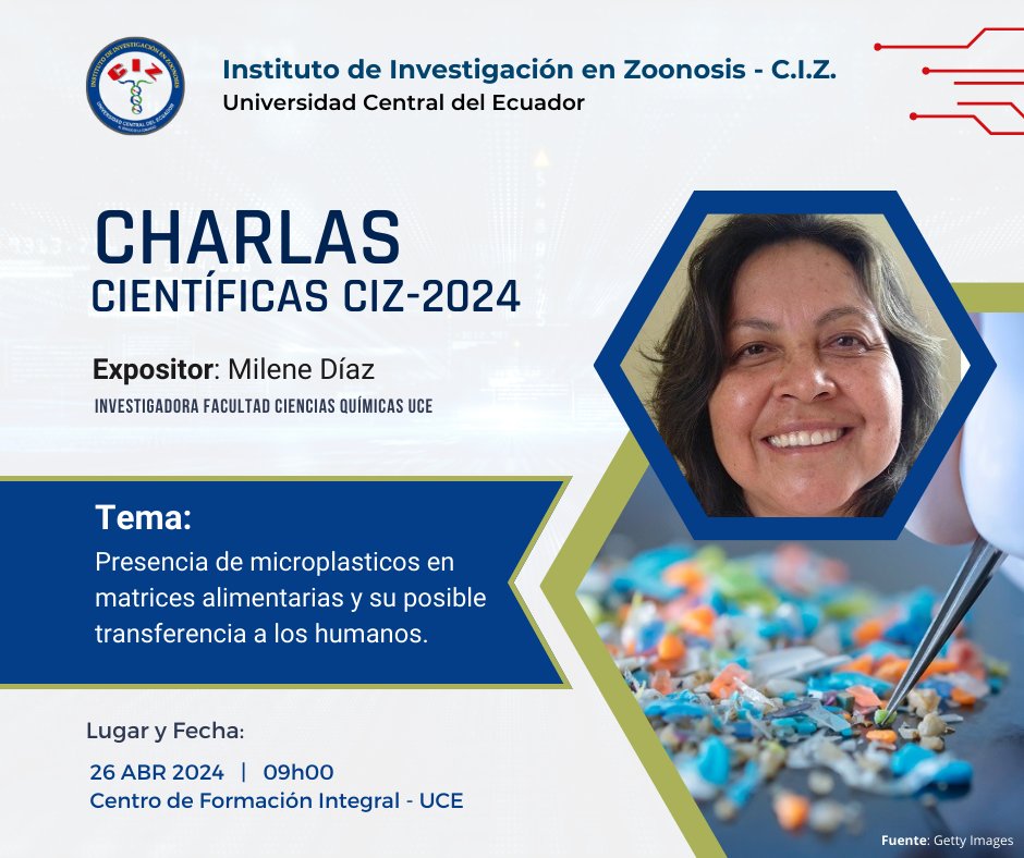 #SomosCIZ
#CharlasCientíficas
#CIZ2024

📌Las Charlas Científicas CIZ-2024, organizadas por el CIZ continúan ahora Milene Díaz, investigadora de Fac CCQQ-UCE con el tema: Presencia de microplasticos en matrices alimentarias y su posible transferencia a los humanos.

¡Agéndalo!