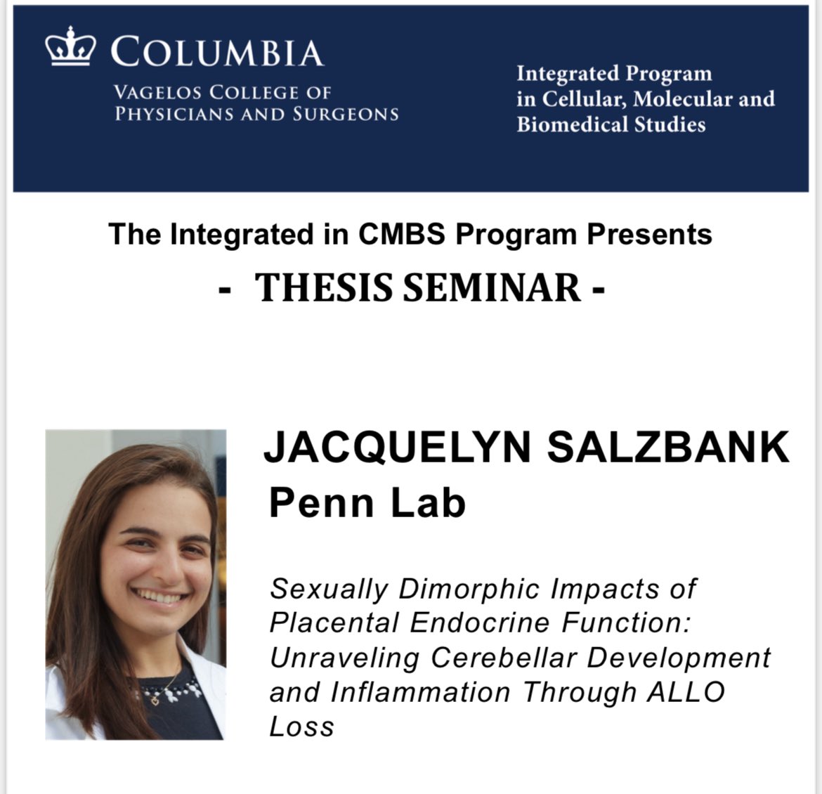 Join us Tuesday, April 2, at 11 AM for the the Thesis Seminar of Jacquelyn Salzbank from the Penn lab! See Basic Sciences Weekly Calendar for location.