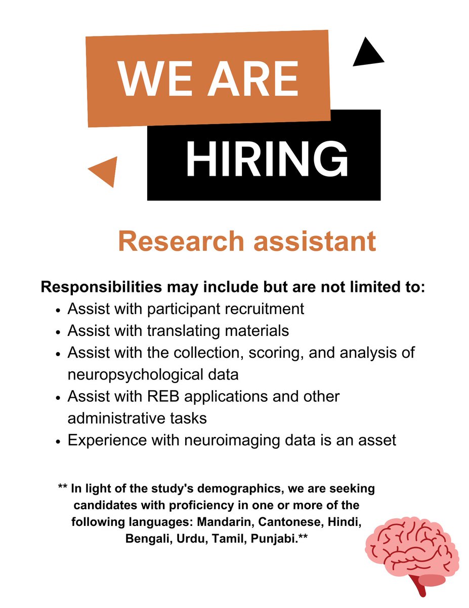 We are looking for a #Research_Assistant to work on a study on dementia risk factors in individuals of Chinese and South Asian descent

Job is based at <a href="/Sunnybrook/">Sunnybrook Health Sciences Centre</a> in #Toronto 

Job description is here: shorturl.at/eEPW1

Study details are here: camerastudy.ca
