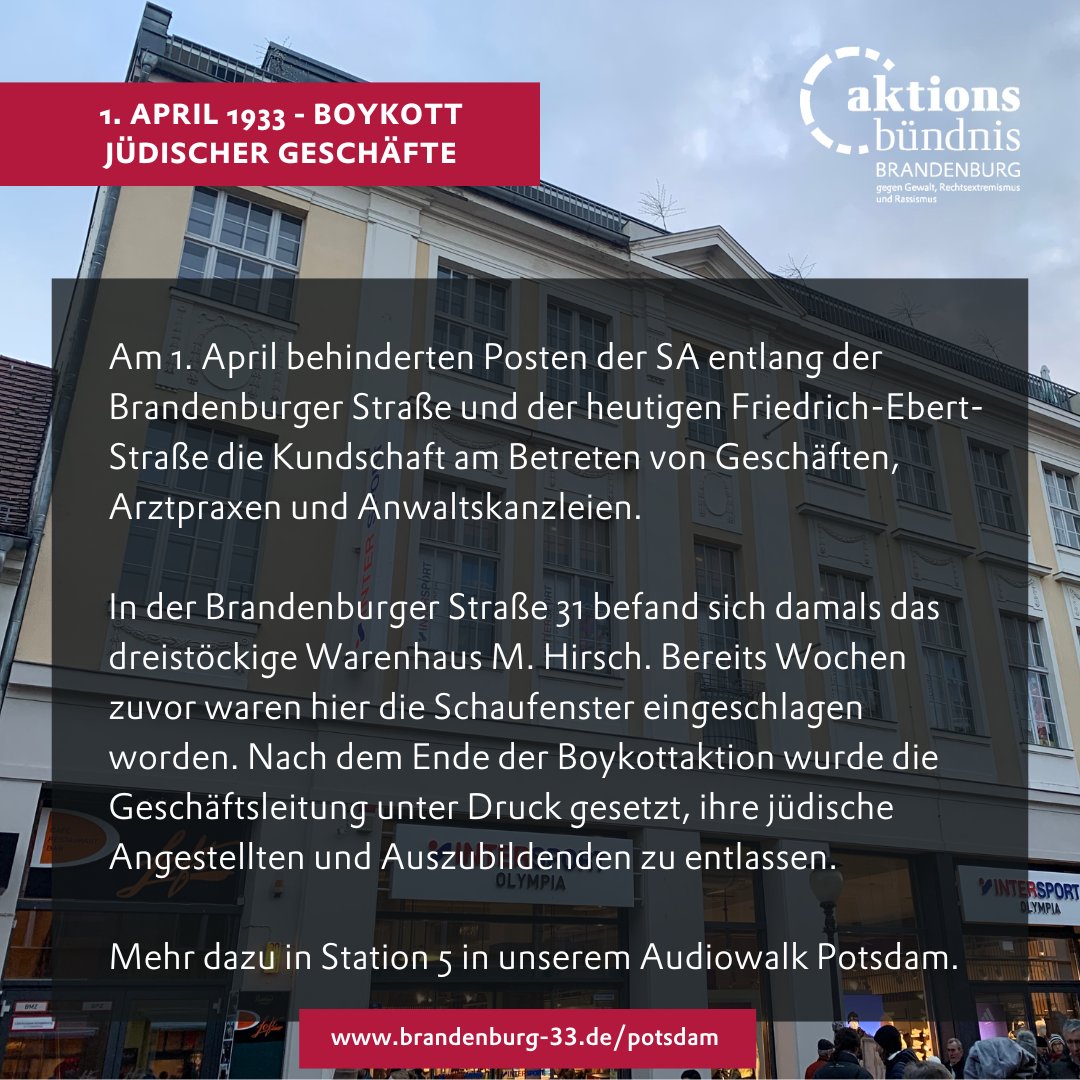 Am 1. April 1933 organisierten die Nationalsozialisten einen reichsweiten Boykott jüdischer Geschäfte. Auch in #Potsdam. Posten der SA behinderten entlang der Brandenburger Straße und der heutigen Friedrich-Ebert-Straße die Kundschaft. brandenburg-33.de/potsdam/ #Brandenburg33
