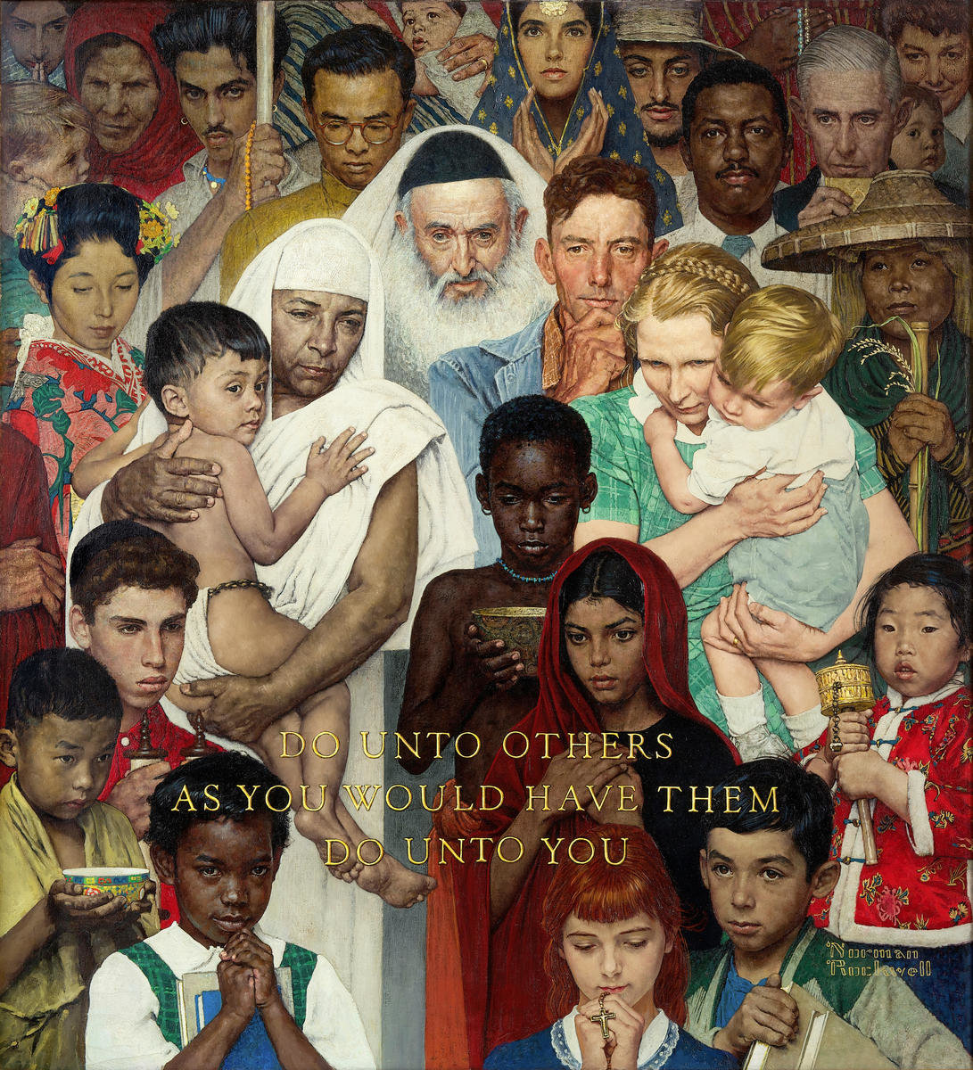 First published #OnThisDay for the April 1, 1961 cover of The Saturday Evening Post is Rockwell's, 'Golden Rule.' A group of people of different religions, races and ethnicity served as the backdrop for the inscription 'Do Unto Other As You Would Have Them Do Unto You.'