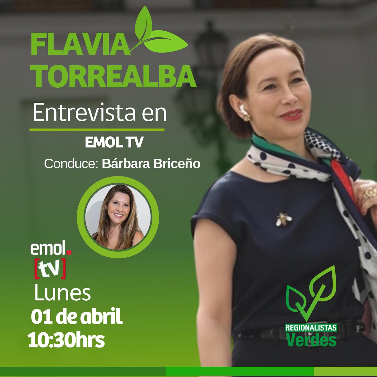 PuertoMontt_X's tweet photo. No se pierdan, a las 10:30 en emol tv nuestra presidenta Nacional @TorrealbaFlavia en entrevista exclusiva.
Somos #FREVS
Somos #ReVerdes
Somos #RegionalistasVerdes https://t.co/BCSGIM8BCj