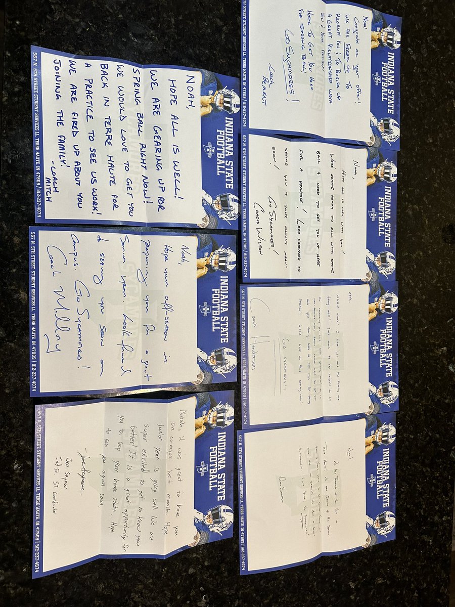Thank you @IndStFB for all the handwritten letters! Go Trees! @CmalryMallory @ISUCoachWilson @Coach_Gus @FBCoachHale @AndrewBementISU @SSN_Sycamores