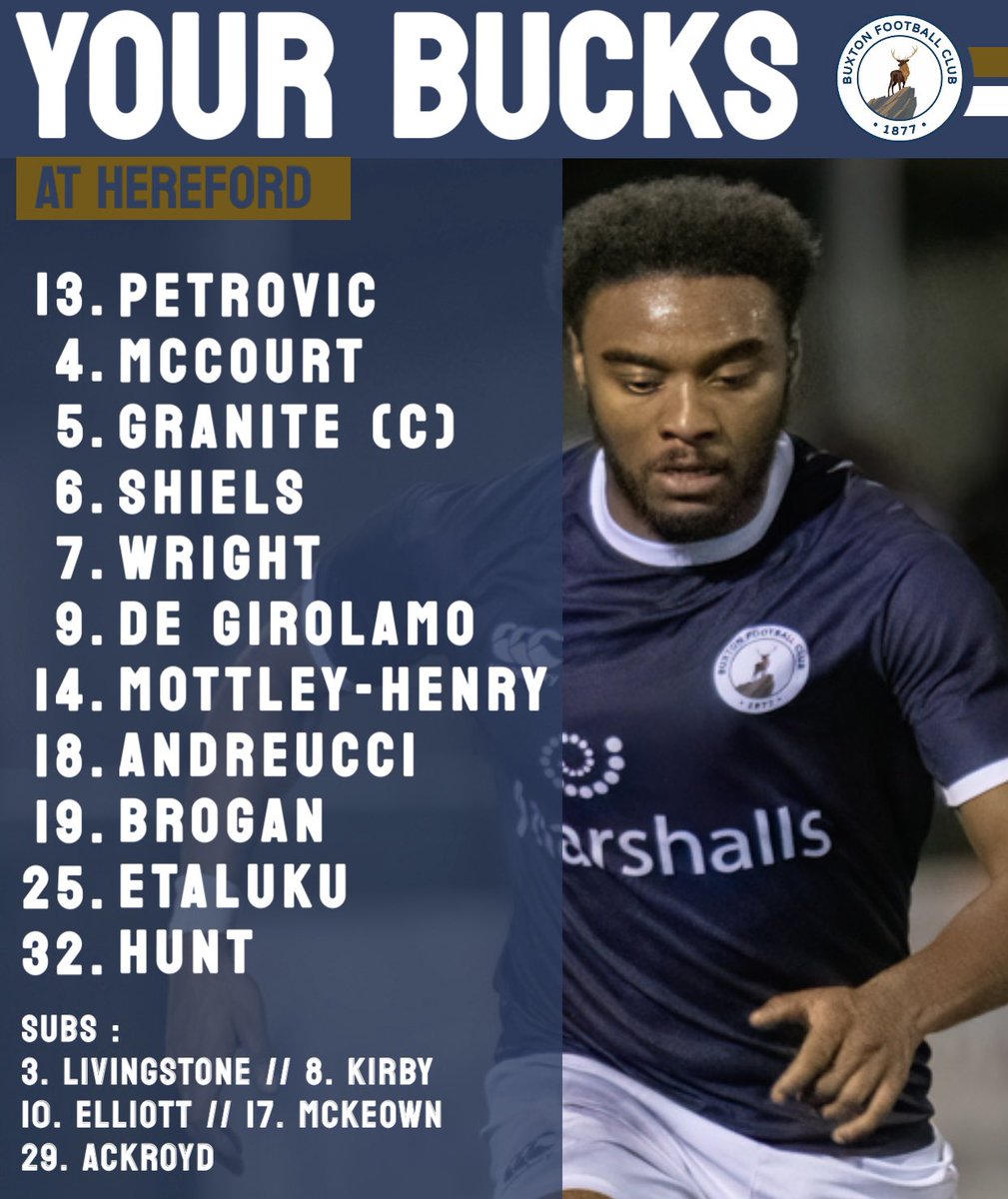 📋⚽️ | 𝗧𝗘𝗔𝗠 𝗡𝗘𝗪𝗦

Craig Elliott rings the changes for today’s trip to Hereford, with Sean Etaluku making his Bucks debut as one of six changes. 

Jak McCourt returns from suspension and partners the reinstated Max Brogan in the middle.

#UpTheBucks | #TeamBuxton