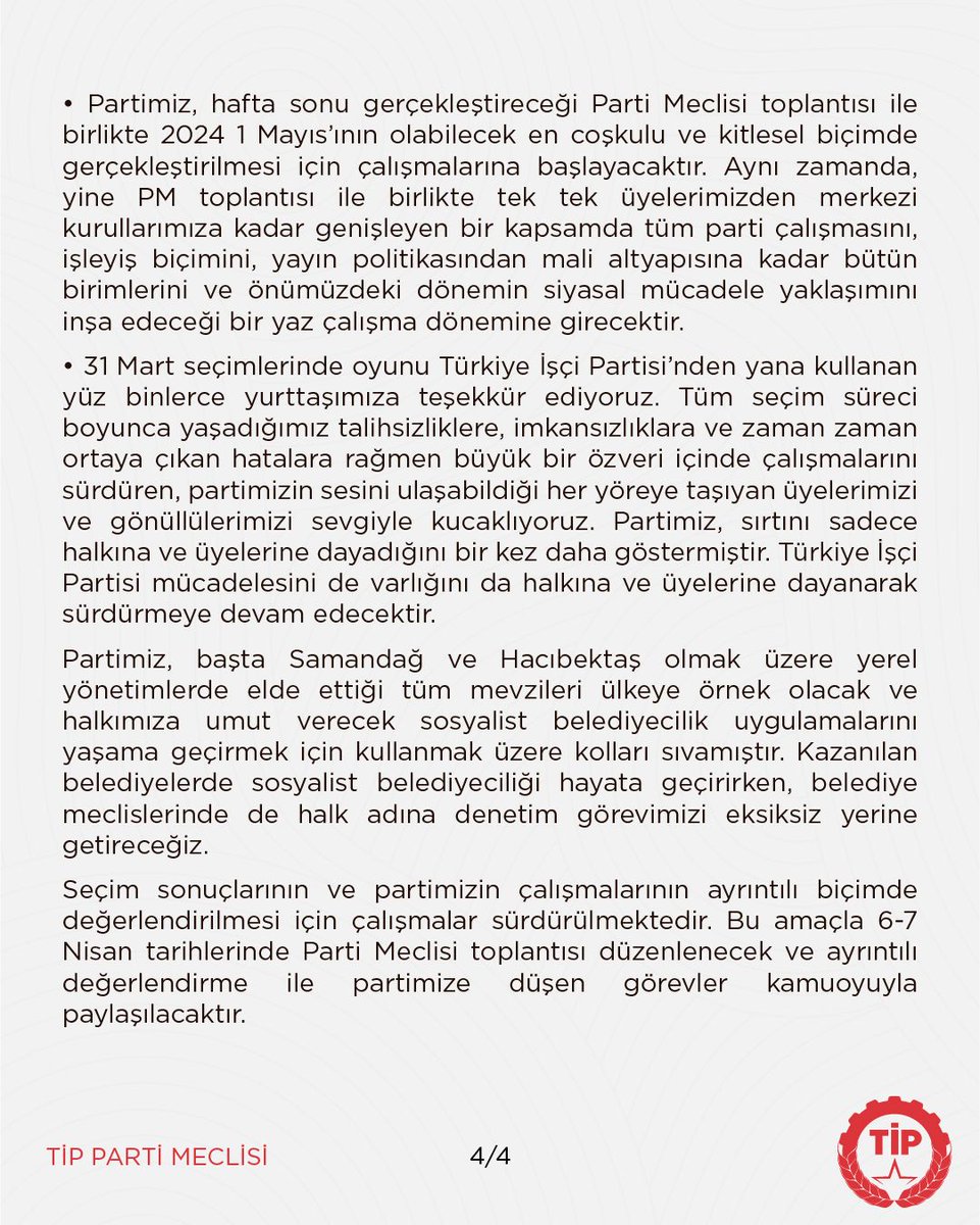 Ülkemizin mutluluğunu paylaşıyor, halkımızın inadını selamlıyoruz! Verdiğimiz sözü tutacak, halkın gerçek seçeneğini kuracağız!

Parti Meclisimizin 31 Mart’ta yapılan Mahalli İdareler Seçimi’ne ilişkin açıklamasıdır: