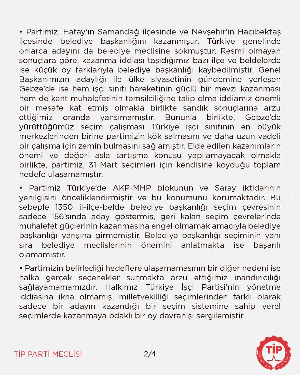 tipgenelmerkez's tweet photo. Ülkemizin mutluluğunu paylaşıyor, halkımızın inadını selamlıyoruz! Verdiğimiz sözü tutacak, halkın gerçek seçeneğini kuracağız!

Parti Meclisimizin 31 Mart’ta yapılan Mahalli İdareler Seçimi’ne ilişkin açıklamasıdır: https://t.co/WSUkSk5n8j
