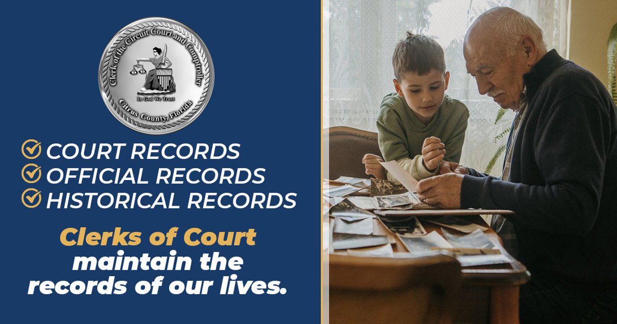 Looking to learn more about your family history?

A great place to start is with Citrus County Clerk of the Circuit Court and Comptroller. Our office maintains historical documents that date back several hundred years. 
Contact us today to begin your journey back in time!