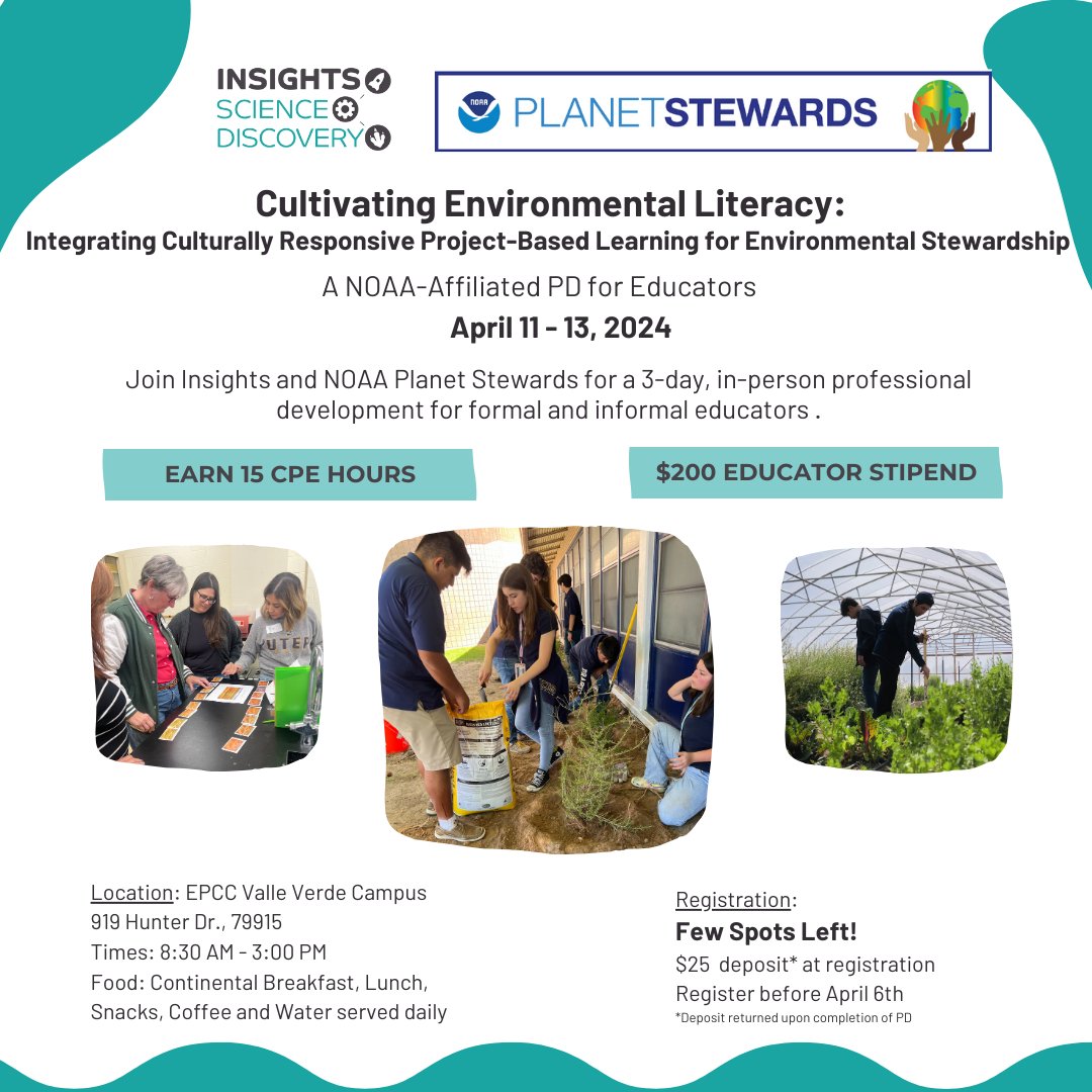 Join Insights and NOAA Education for a 3-day professional development that will dive into local environmental topics, explore ways to be responsive educators, & prepare educators to apply for funding to support environmental stewardship! Register: ow.ly/xaom50R4GgJ