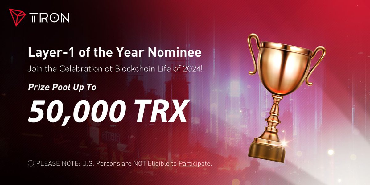 #TRONNetwork is nominated for “Best Layer-1 Solution” &amp; <a href="/justinsuntron/">H.E. Justin Sun 👨‍🚀 🌞</a> for “Best Crypto Entrepreneur” at <a href="/BlLife_Forum/">Blockchain Life 2025</a> Awards 2024!

To celebrate with our #TRONICS, we’re hosting a special event with 50,000 TRX up for grabs! 🎁

For more details 👇
taskon.xyz/campaign/detai…