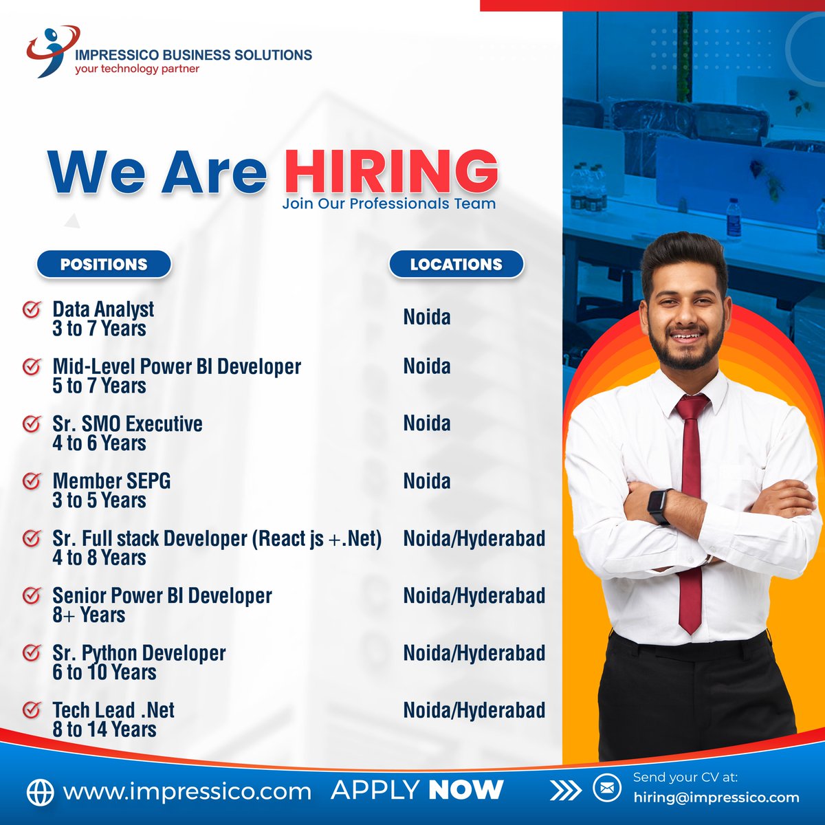 Great opportunity! We are hiring experienced professionals for various positions, as mentioned. Visit the website for a detailed job description: impressico.com Interested candidates can share CV at hiring@impressico.com. #jobs #impressico #jobsearch #jobalert #hiring
