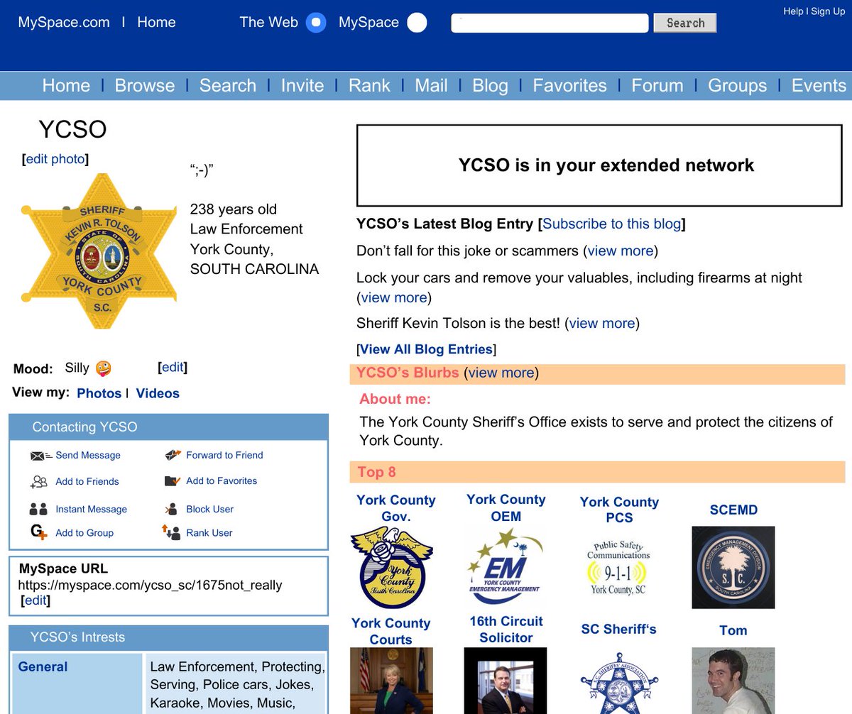 To better serve our citizens by communicating through social media platforms, Sheriff Kevin Tolson has authorized re-establishing our MySpace account. The first person to add us as their friend will replace Tom in our Top 8. #YCSONews #AprilFools #JustKidding