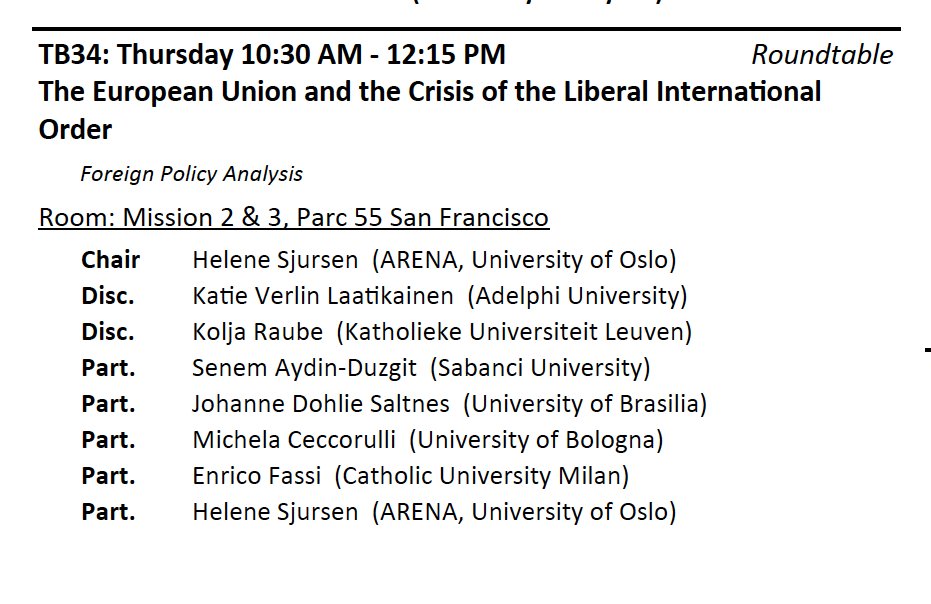 Join us at #ISA2024 for a roundtable on the European Union and the Crisis of the Liberal International Order - with @HeleneSjursen @SenemAydnDzgit @FaxHenry and @raube_kolja Thursday 10:30 Mission 2&3, Parc 55