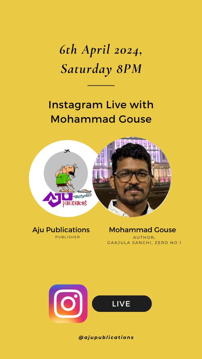 Instagram Live with our author @sm_gouse Mohammad Gouse on 6th April, at 8 pm. See you all there ❤️ మన గౌస్ చెప్పే ముచ్చట్లు విందాం, తన కొత్త పుస్తకం గురించి మాట్లాడుకుందాం, వచ్చేయండి అంతా.