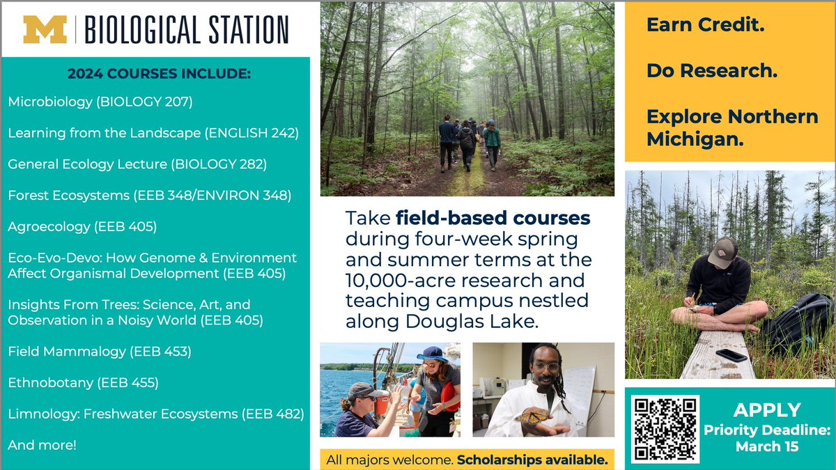 Please Share: Have a student in your class who would benefit from field-based ecology & evolution courses? Encourage them to take at class this spring or summer @UMBS. We have funding for out of state students & incredible course offerings.
