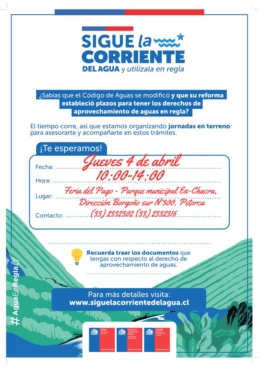 #SiguelaCorriente | ¿Sabías que el Código de Aguas se modificó y que su reforma estableció plazos para tener los derechos de aprovechamiento de agua en regla? Te invitamos a la jornada de asesoría y capacitación de este jueves 4 de abril en Petorca para que estés informado 👇