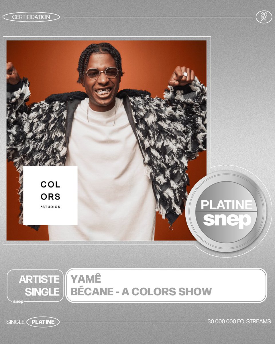 snep's tweet photo. Le titre « Bécane - A Colors Show » de Yamê est certifié Single Platine ! 💿

30 000 000 équivalents streams 🎧

Bravo ! 👏 https://t.co/qKbFIxnCMw