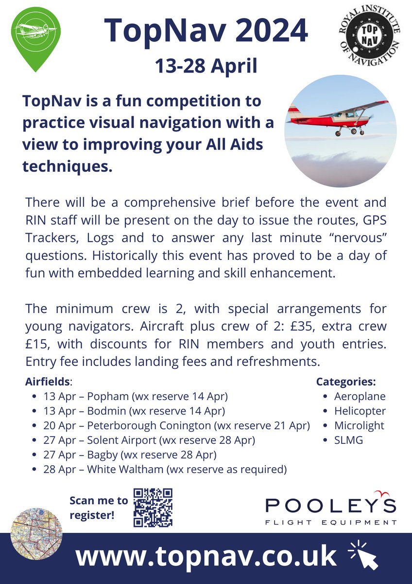 TopNav, our fun competition to practice visual navigation with a view to improving your All Aids techniques, is back! Find out which airfields and dates work for you at rin.org.uk/events/EventDe… #Aviation #AvGeeks #VisualNavigation