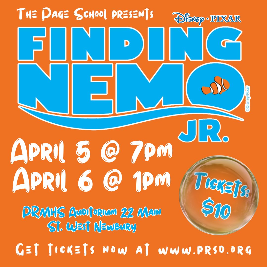 This weekend, the Page School presents Finding Nemo JR!🐟

The show will run this weekend on 4/5 at 7pm & 4/6 at 1pm at the PMHS Auditorium in West Newbury. Tickets are $10/person and can be purchased in advance at prsd.ludus.com

#findingnemo #theatre #westnewbury #art