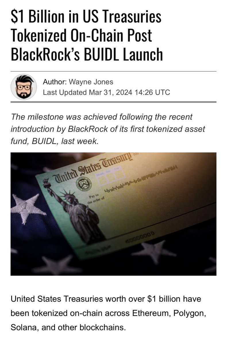 ChadSteingraber's tweet photo. Blackrock’s first tokenized asset fund BUIDL has surpassed $244Million after only 1 week and reveals that $1.08 billion in US Treasuries has been tokenized across 17 products.

Market tokenization will only pick up steam over the course of the year. https://t.co/wD4pKrlxaT