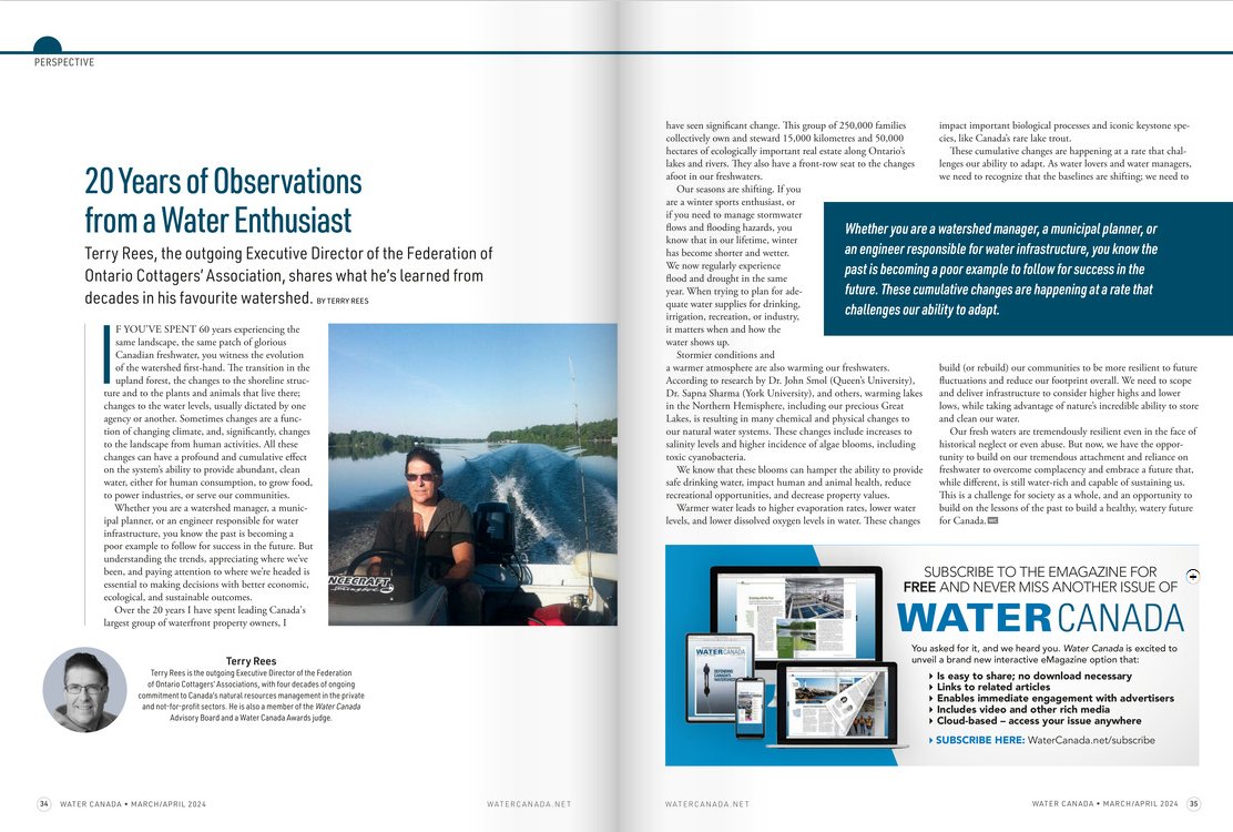 Terry Rees, outgoing executive director of the Federation of Ontario Cottagers Association, shares what he's learned from decades in his favourite watershed in our March/April issue. emagazine.watercanada.net/?pid=ODc879289…