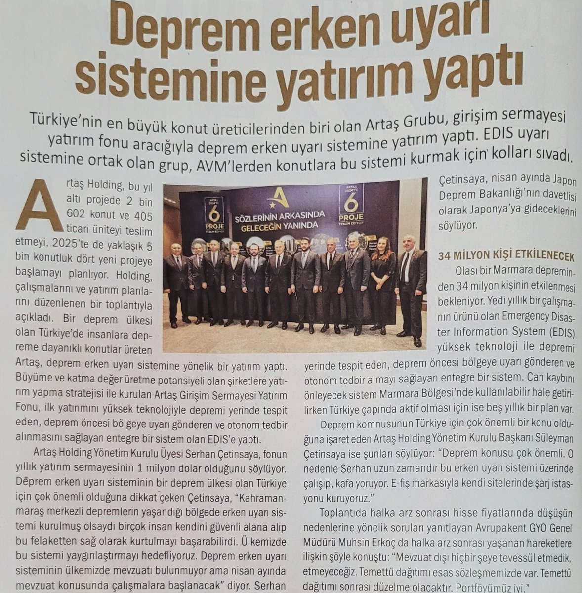 Artaş Holding Girişim Sermayesi Yatırım Fonu (#avpgy) deprem erken uyarı sistemi EDIS'e yatırımı üzerine (via <a href="/EkonomistDergi/">Ekonomist Dergisi</a>)