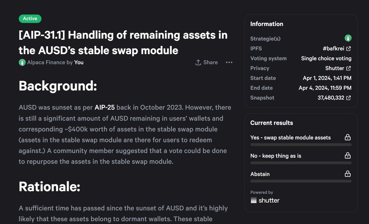 [AIP-31.1] Handling of remaining assets in the AUSD’s stable swap module is now live for voting ⏰You have until 11.59PM UTC Thursday April 4th to vote. 🗳️Vote now: snapshot.org/#/alpacafinanc… #Governance #BNB #BNBChain