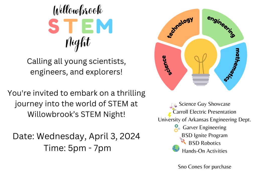 We don't want you to miss all the fun things happening in April. Please see our parent calendar!! STEM Night is right around the corner. See you on Wednesday, April 3rd at 5pm!