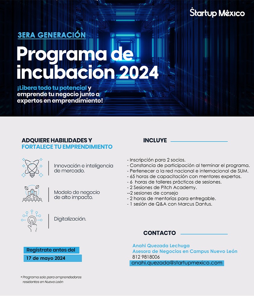 ¡Impulsa tu proyecto con nuestro programa de incubación dirigida a #NuevoLeón! Únete a nuestra comunidad de innovadores y da vida a tus ideas. Te ofrecemos mentoría, herramientas y acceso a una red de expertos y potenciales inversores. Registro: forms.gle/ZWNJcUKRdePUEN…