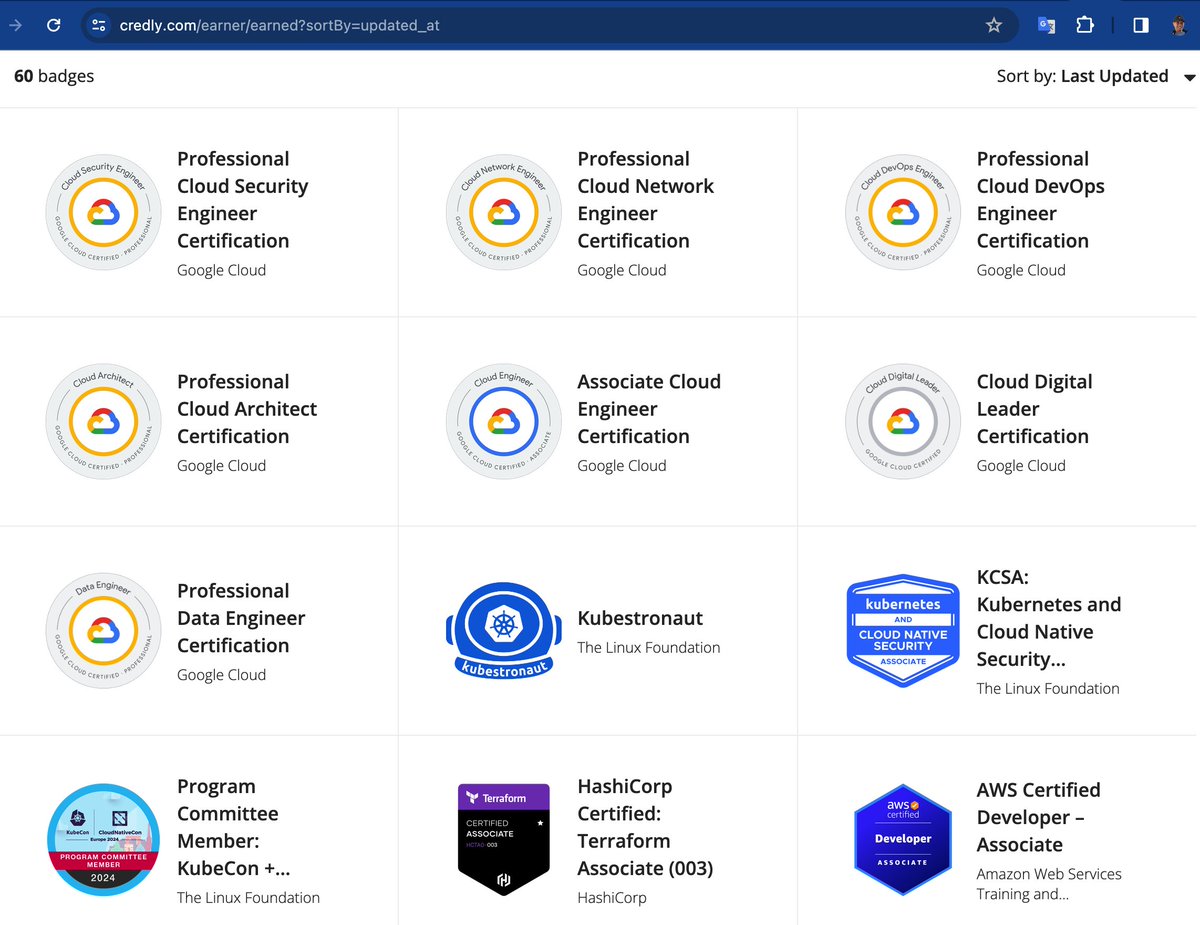 A bunch of digital badges landed in my @credly account, thanks @Google to partner with #Credly! Glad to share I'm 7X #GCP certified from @googlecloud and 5X #Kubernetes certified from @linuxfoundation! Join @k8sug 🔥 k8sug.com K8s Certified 4k8s.k8sug.com