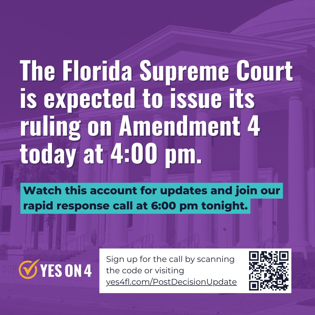 After the Florida Supreme Court opinion is released today, we will update supporters here and on a rapid-response Zoom call at 6 pm. Sign up for the call by visiting yes4fl.com/PostDecisionUp…