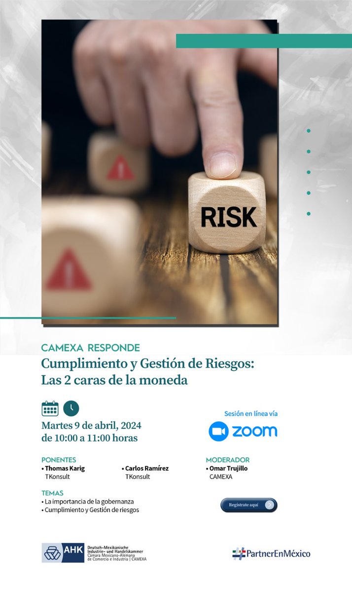 ¡No te pierdas el evento "CAMEXA Responde"! 🌐

🗓️ Fecha: Martes 9 de abril de 2024
⏰ Hora: 10:00 a 11:00 am
📍 Plataforma: ZOOM

🔍 Tema: "Cumplimiento y Gestión de Riesgos: 2 caras de la misma moneda"

¡Regístrate ahora! 

camexa-formularios.com/formulario/ins…