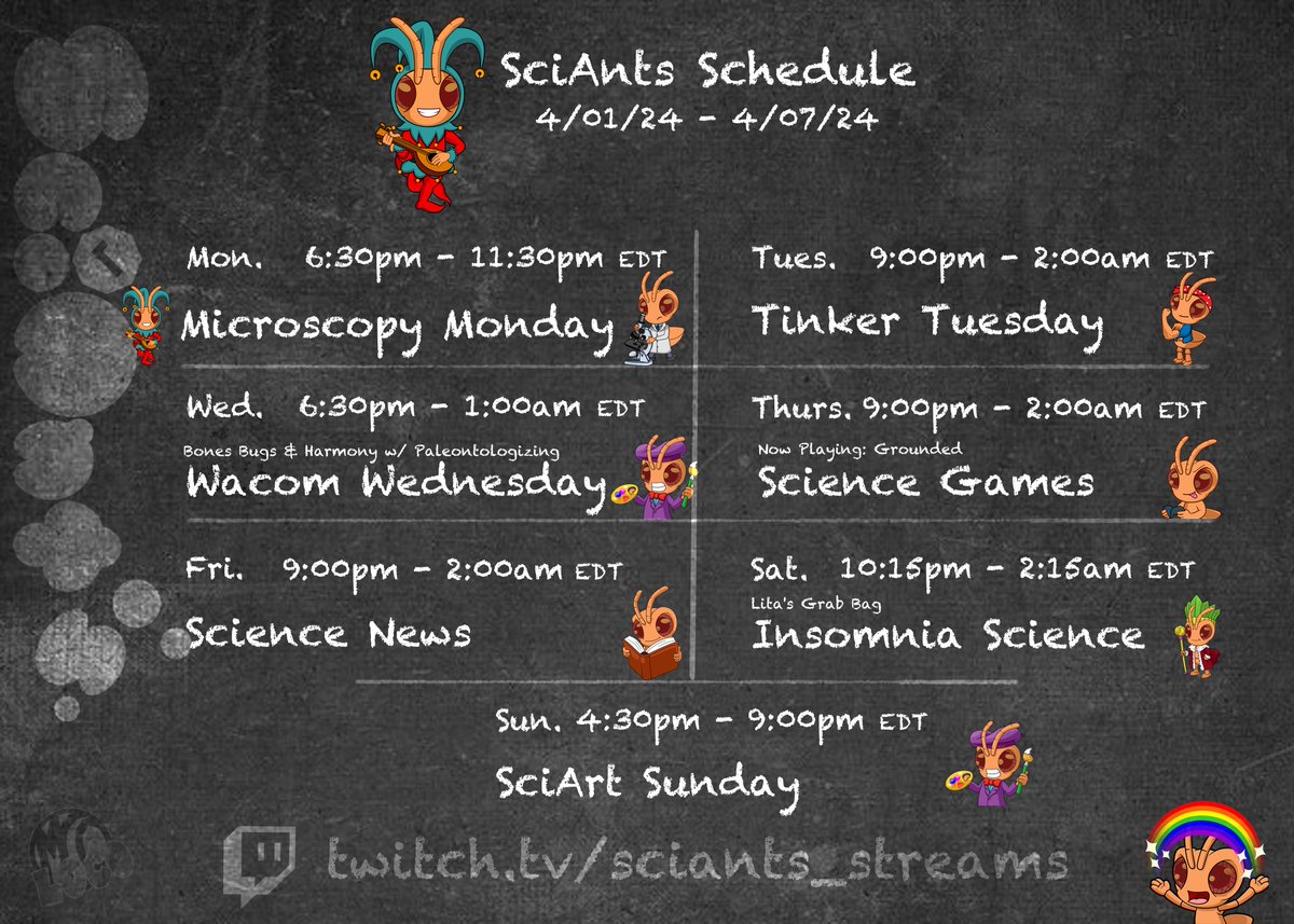 #SciAnts stream schedule for week is live! #science and #art fun for our amazing community. Week of 4/1/24. Hope to see you there #scicomm #stem #twitchstreaming #twitchpartner #twitch #twitchstreamer #live #livestream #TwitchStreamers #twitchtv twitch.tv/sciants_streams