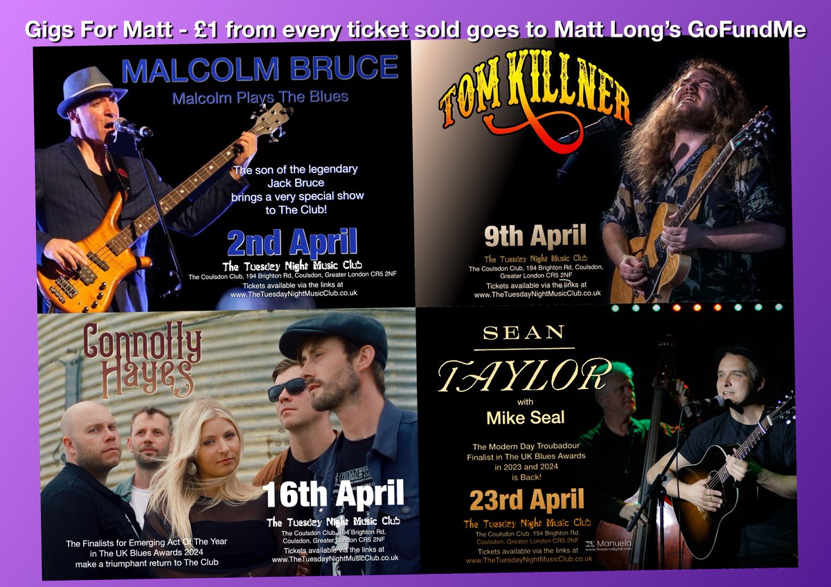 The next four 'Gigs for Matt' at The Club! £1 for every ticket sold goes straight to Matt Long's GoFundMe. You get a great night out with Malcolm Bruce, Tom Killner, Connolly Hayes & Sean Taylor and you're helping Matt in his fight. Get your tickets TheTNMC.co.uk