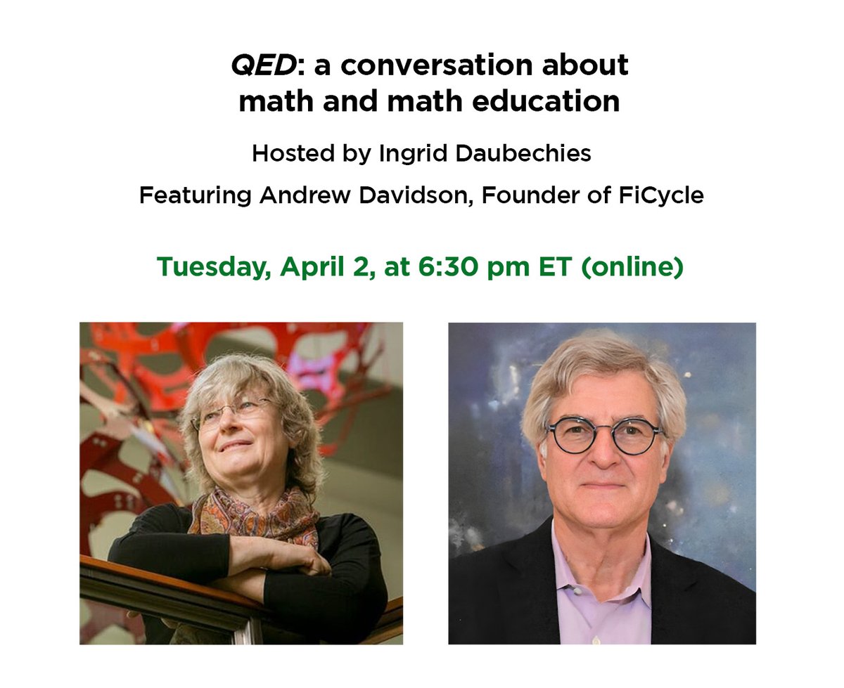 Tune in to a conversation with Ingrid Daubechies and Andrew Davidson, CEO of FiCycle — a company that educates students on mathematics and finance skills using a research-proven combined approach. Register at momath.org/QED.