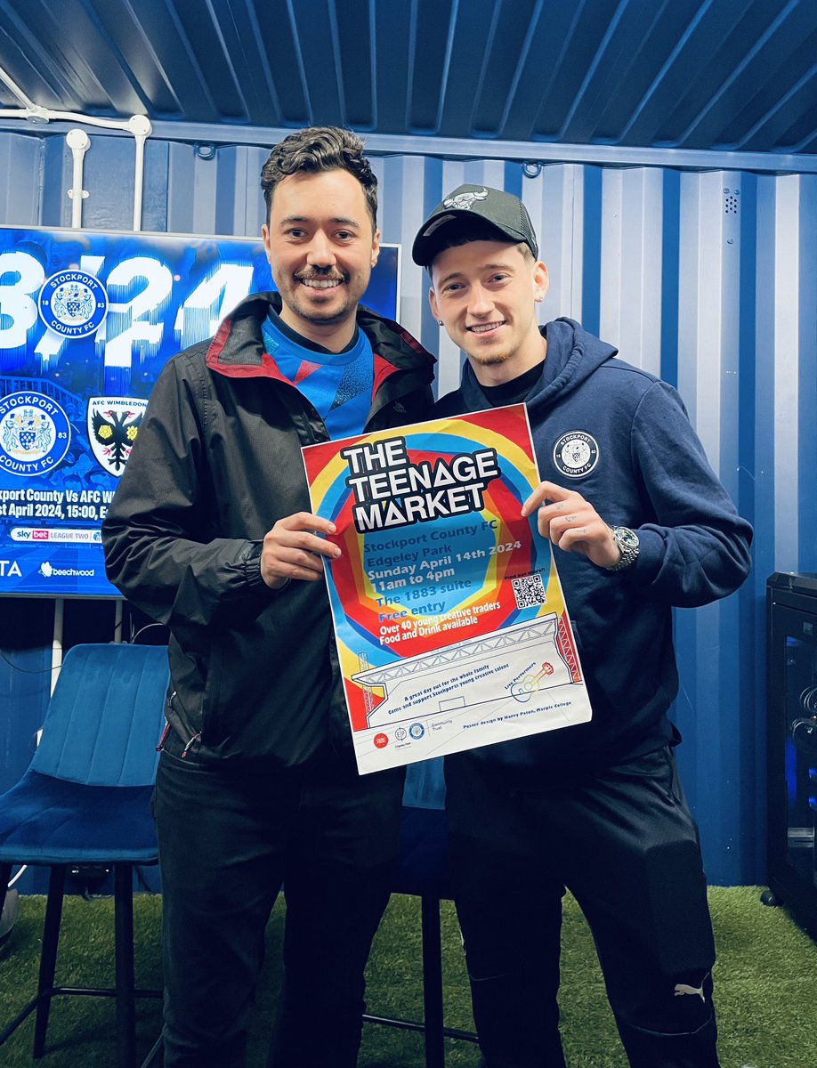 Thanks to @StockportCounty for their support of our @teenage_market event taking place on Sunday 14th April at the 1883 suite featuring 40+ young creative traders and lots of young performers. Great to have the support of @rhysbennett66 and @LouieBarry6! #teenagemarket