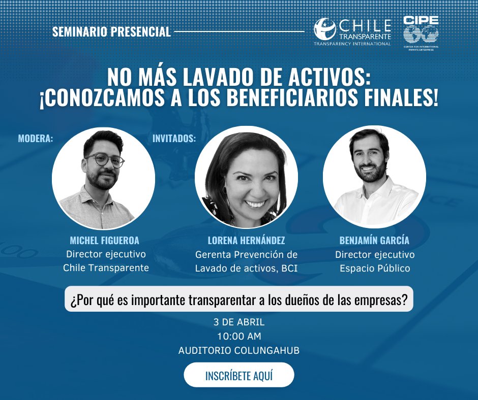 ¿Aún no te inscribes?🤔¿Por qué es importante transparentar quiénes son dueños de las empresas? Participa de este evento e infórmate sobre el proyecto de ley de #BeneficiarioFinal 

Confirma tu asistencia aquí shorturl.at/oqrty ¡Nos vemos el miércoles!