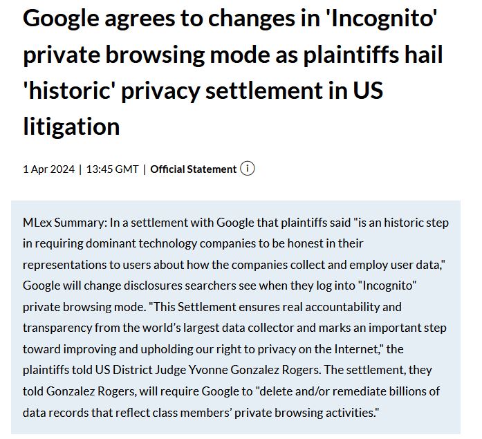 Breaking: @Google has agreed to rework #Chrome #Incognito disclosures and delete billions of data records that reflect class members’ private browsing, in what plaintiffs called a 'historic' #privacy settlement.