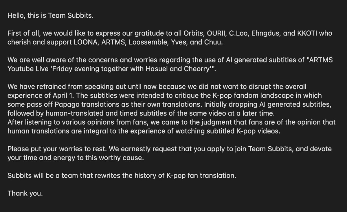 [Announcement] Hello, this is Team Subbits. Please read our announcement regarding 'ARTMS Youtube Live 'Friday evening together with Hasuel and Cheorry'' in the attached images. #HappyAprilFoolsDay2024