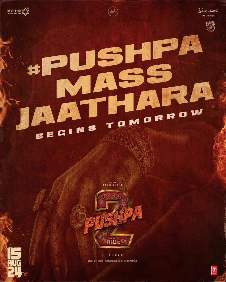 It's that time of the year ❤‍🔥 #PushpaMassJaathara begins tomorrow 🔥🔥 Exciting announcement loading. Stay tuned 🤩 #Pushpa2TheRule Grand Release Worldwide on 15th AUG 2024. Icon Star @alluarjun @iamRashmika @aryasukku #FahadhFaasil @ThisIsDSP @MythriOfficial…
