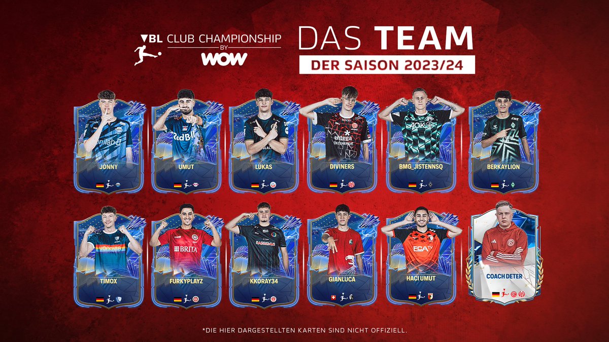 𝐃𝐚𝐬 #VBLCC 𝐓𝐞𝐚𝐦 𝐝𝐞𝐫 𝐒𝐚𝐢𝐬𝐨𝐧 👏

Diese 1️⃣1️⃣ Spieler haben über die Saison hinweg überragende Leistungen für Ihre Clubs auf den Platz gebracht ✨

#VirtualBundesliga
