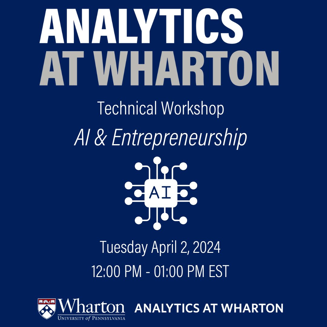 .@Wharton & @Penn students! Happening tomorrow - #AnalyticsAtWharton AI & Entrepreneurship workshop: 1⃣Dive into the latest #AI tools reshaping the business world 2⃣Master AI applications for entrepreneurial success 3⃣Elevate your business strategy whr.tn/AAWTechWorksho…