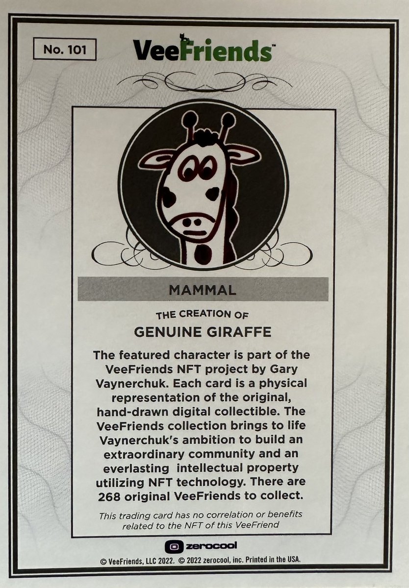 PN11 - 𝕏 (@pranaynigotiya) on Twitter photo Mail day !! My first series 1 card and my favourite - Genuine Giraffe !! Thanks <a href="/devinaschone/">devinschone.eth</a> for the deal and thanks @JCourageNFT for the tag.
<a href="/garyvee/">Gary Vaynerchuk</a> <a href="/veefriends/">VeeFriends</a> <a href="/VeeFriendsCards/">VeeFriends Cards</a> Mail day !! My first series 1 card and my favourite - Genuine Giraffe !! Thanks <a href="/devinaschone/">devinschone.eth</a> for the deal and thanks @JCourageNFT for the tag.
<a href="/garyvee/">Gary Vaynerchuk</a> <a href="/veefriends/">VeeFriends</a> <a href="/VeeFriendsCards/">VeeFriends Cards</a>