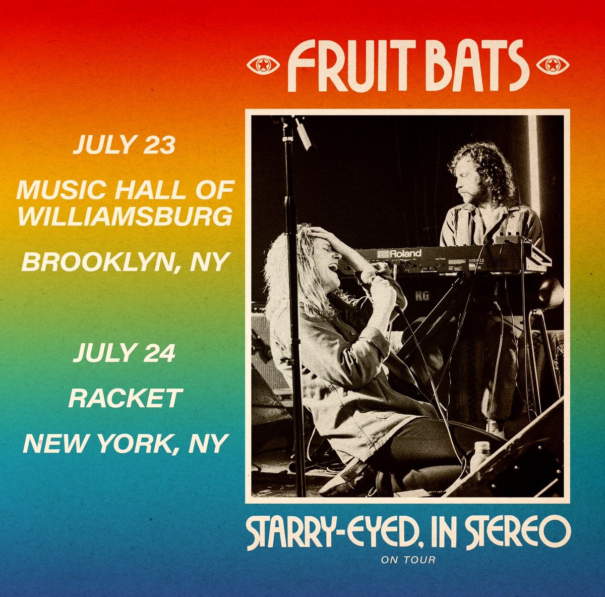 News item! Fruit Bats return to NYC in July for our first ever proper GOTHAM DOUBLEHEADER 🗽🗽 July 23 @MusicHallofWB and July 24 @Racketnewyork 🍎🍏 presale begins this Weds, general on-sale Friday ⚡️ Get em cuz they’ll go! fruitbatsmusic.com/tour