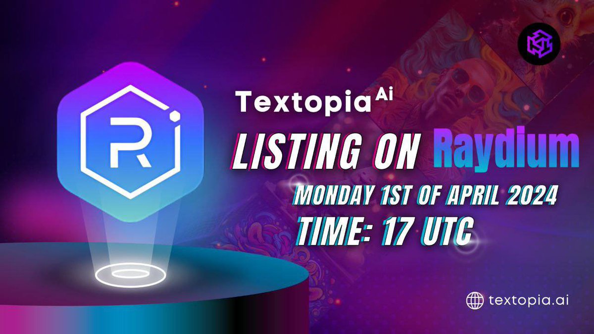 TEXTOPIA @TextopiaAi 

LAUNCH update! 

After raising an astonishing $1M with 2750 contributors, $TXT will be listed on Raydium today at 17:00 UTC

TAX: 0/0 
CA:7XzYCSB3QCh4Qb7d8cX6G9ZhEjtQPAZnvX6S7k9Q5DUD
  
✅ A big Marketing plan is already booked, followed by a listing on…