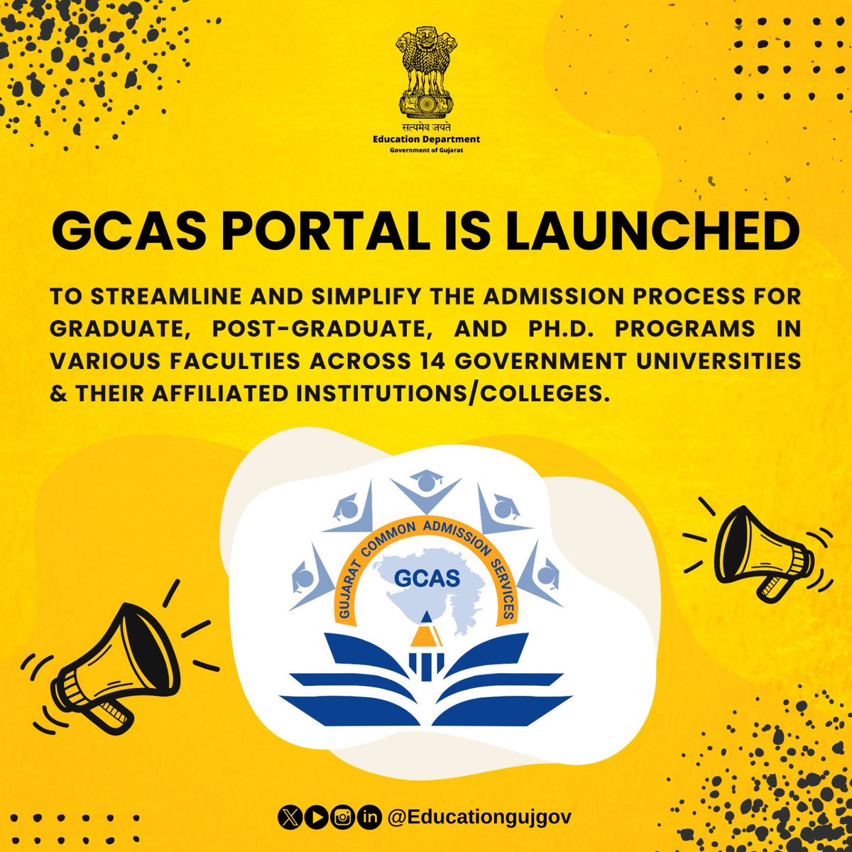 One-Stop Admissions for Gujarat! The Gujarat Common Admission Services Portal (GCAS) is here to simplify your application process for UG, PG & Ph.D. programs across Government Universities and affiliated colleges in Gujarat. For More Information Visit: gcas.gujgov.edu.in