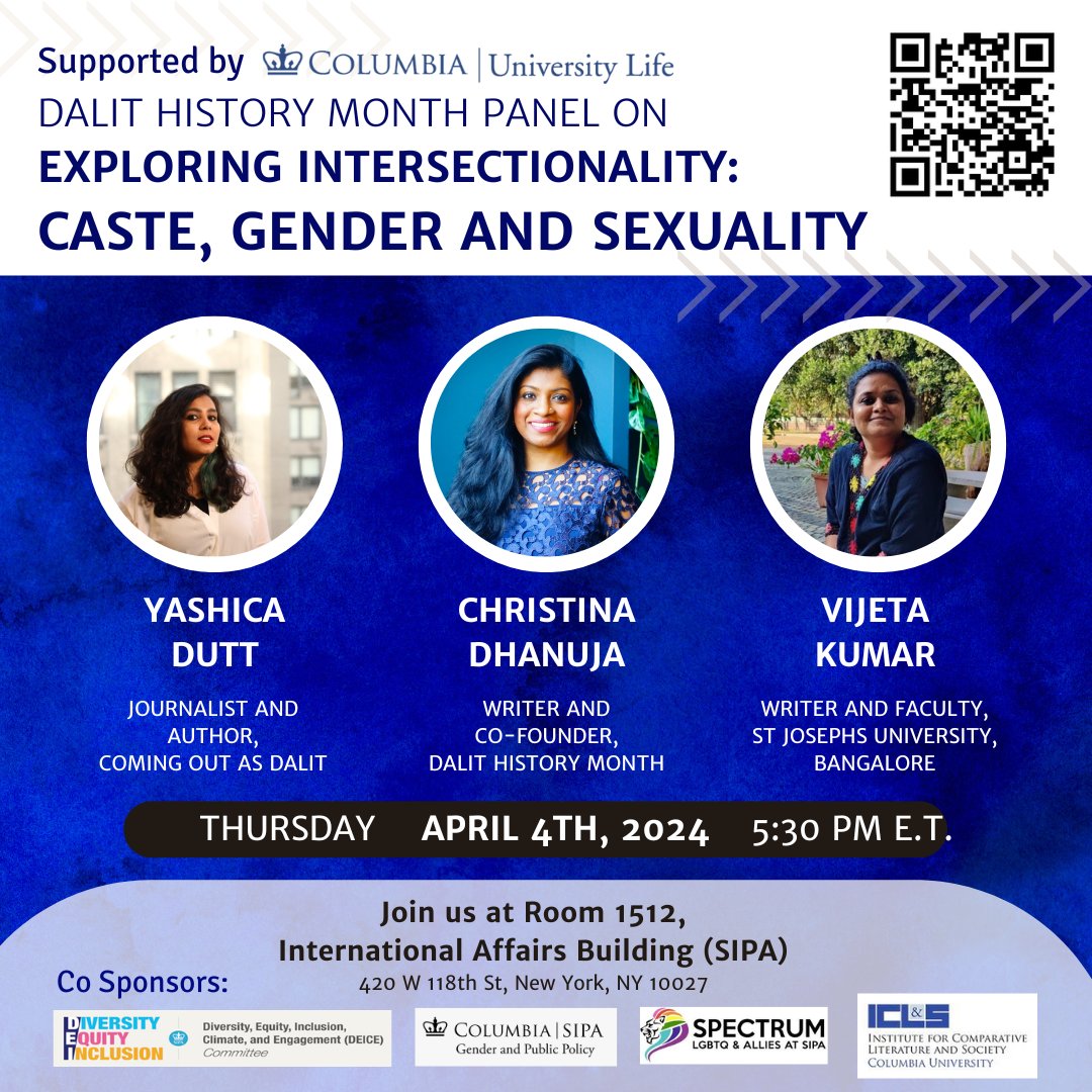 This Thursday, SIPA is hosting a panel on the intersection of caste, gender, & sexuality among Dalit women — featuring @YashicaDutt, @caselchris1, & @rumlolarum. This event is co-sponsored in-part by @ColumbiaULife and @SpectrumSIPA. Register now: sipa.campusgroups.com/sdc/rsvp_boot?…