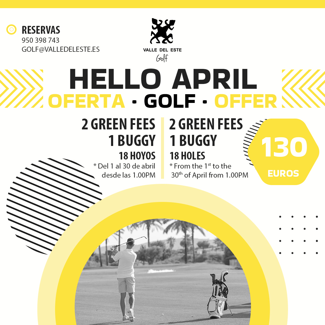 🟨 𝐎𝐅𝐄𝐑𝐓𝐀 𝐝𝐞 𝐆𝐎𝐋𝐅 𝐇𝐄𝐋𝐋𝐎 𝐀𝐏𝐑𝐈𝐋 🟨 ✔️2 Green Fees (18 hoyos) (desde las 1.00PM) ✔️1 Buggy 💥130€💥 . . 🟨 𝐇𝐄𝐋𝐋𝐎 𝐀𝐏𝐑𝐈𝐋 𝐆𝐎𝐋𝐅 𝐎𝐅𝐅𝐄𝐑 🟨 ✔️2 Green Fees (18 holes) (From 1.00PM) ✔️1 Buggy 💥130€💥