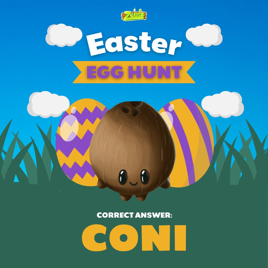🎉 The mystery is solved! The mastermind behind our Easter Egg Hunt is CONI! 🐣 Congratulations to everyone who cracked the code. To the lucky winners, your prizes are on their way.  Thanks for joining the fun, Zeedz family! 💚 #zeedz #playforpurpose #nftgame