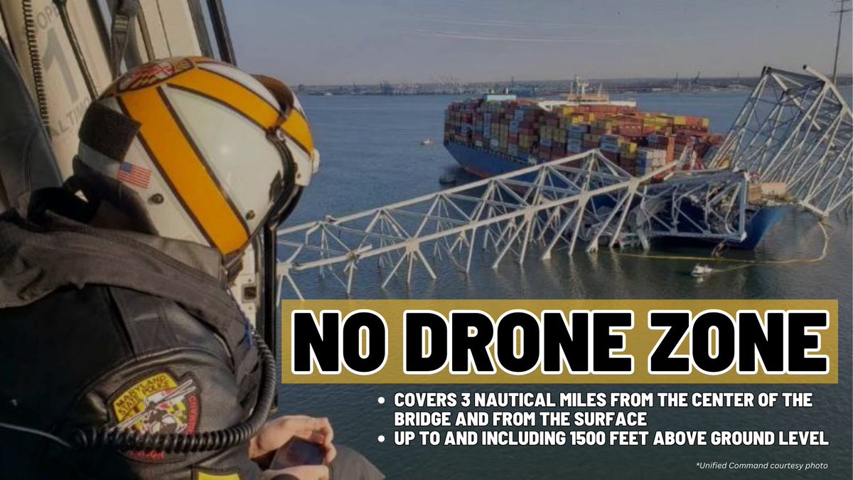 No Drone Zone! 🗙 Temporary Flight restrictions remain in place around the #KeyBridge collapse. This @FAANews restriction prohibits the public from using drones in the 3 nautical mile airspace surrounding the area. MORE: tinyurl.com/9e797j8j